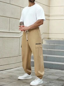 Manfinity Homme Pantaloni jogger casual da uomo con tasche e laccetti - Cachi - Visualizzare 5