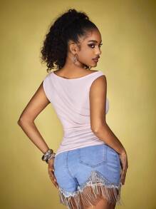 INAWLY Women Solid Color Pleated Asymmetric Collar Casual Summer T-Shirt - Pink - View 2