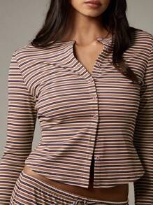 MISSGUIDED Retro Style Ribbed Two Piece Button Down Lounge Set Long Sleeve Crop Top Wide Leg Pants Drawstring Waist Fall Winter Casual Co Ord Set - Pink - View 6