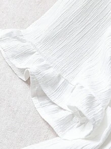 Rusticease 大码卡其色叶边下摆短袖衬衫，简约时尚休闲日常度假穿搭，适合春夏女装、西式女装、夏季沙滩装。 - 白色 - 查看 5