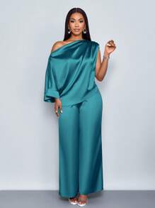 SOLERSUN 女士时尚纯色优雅褶皱不对称领口时尚精致蝙蝠袖不对称下摆缎面衬衫和直腿优雅长裤套装 - 水鴨藍 - 查看 5