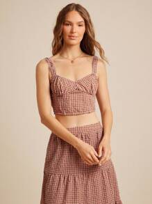 WESTFADE 棉质混纺格纹细肩带纽扣前开襟紧身胸衣短款上衣 返校吊带背心 可爱秋季乡村夏季海滩度假 - 棕色 - 查看 3