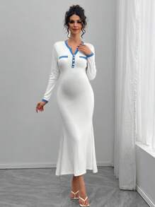 SHEIN Vestido elegante con recorte de bloques de color acanalado, vestido de cola de pez de manga larga con decoración de botones - Blanco - Ver 3