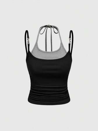 Débardeur 2 en 1 avec spaghetti straps de grande taille grande style Y2K avec pendentif métallique