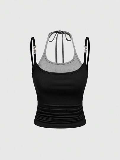 ROMWE Plus Size Y2K Metallic Pendant 2 In 1 Spaghetti Strap Camisole Top