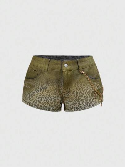 J-Fashion Y2K Harajuku Gyaru Millennium Leopard Print Gold Foil Cross Vintage Low Waist Ultra-Low Waisted Plus Size Women Denim Shorts