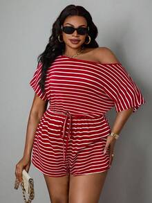 SHEIN PETITE CURVE 大码女式连体衣，休闲条纹连体衣，夏季女式连衣裙连体裤，短裤女式连体衣 - 紅色 - 查看 4