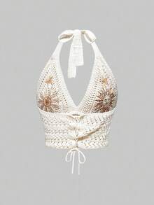 ROMWE Broderad blus i hippie-stil med måne- och stjärnmönster för kvinnor - Vitt - Visa 2