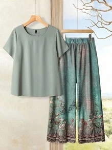 EMERY ROSE 2pcs Plus Size Set: Solid Color Round Neck Short Sleeve T-Shirt And Pants, Fashionable For Summer,Vacation Outfits Woman - Green - View 1