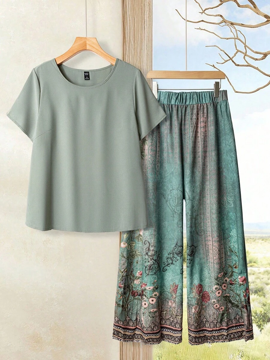 EMERY ROSE 2pcs Plus Size Set: Solid Color Round Neck Short Sleeve T-Shirt And Pants, Fashionable For Summer,Vacation Outfits Woman - Green - View 1
