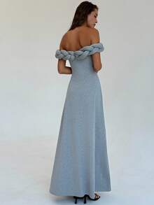 Aloruh New Vintage Braided Rope Off-Shoulder Design Waist-Cinching A-Line Dress - Dark Grey - View 2