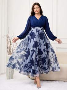 Modelyn Plus Size Elegant Floral Print Patchwork Dress - Navy Blue - View 5