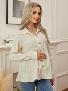 SHEIN Solid Color Long Sleeve Ruffle Hem Casual Maternity Shirt - Apricot - View 7