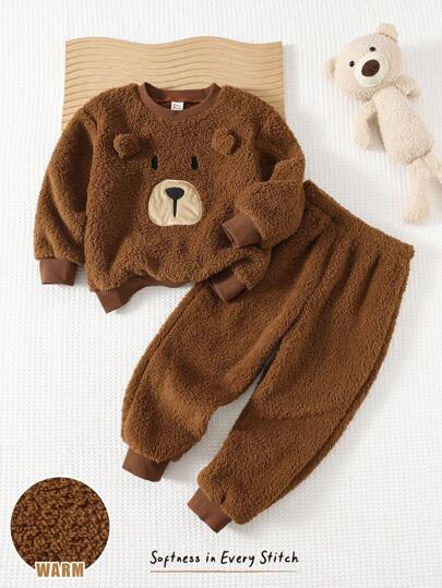 Cozy Pixies Set de 2 piezas con sudadera con capucha de cuello redondo de manga larga con forro polar y pantalones de cintura elástica hasta el tobillo con estampado de oso de dibujos animados para niño pequeño