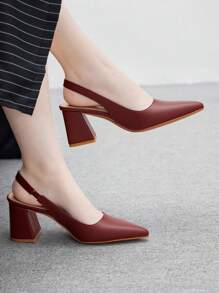 CUCCOO BIZCHIC 尖头粗高跟酒红色后带简约女士高跟鞋，简约镂空后跟女士正装鞋，适合日常、通勤和工作装 - 酒紅色 - 查看 1