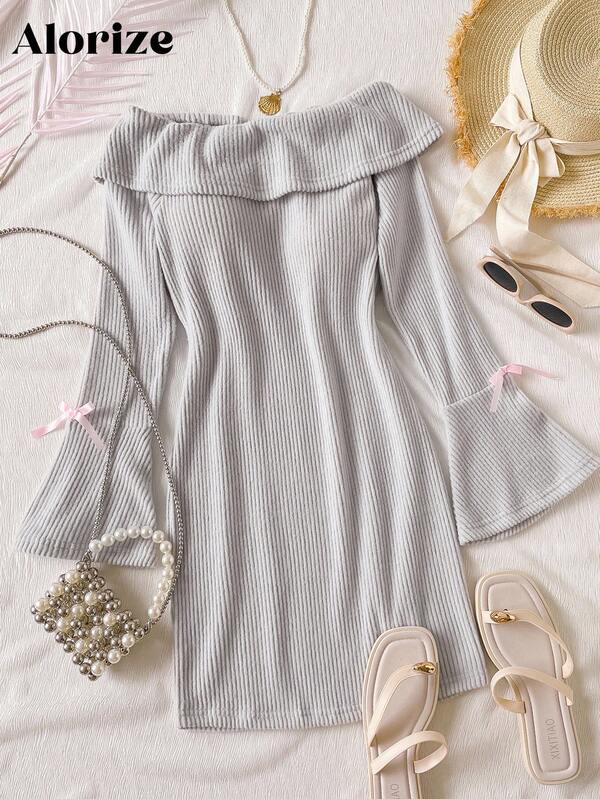 Teen Girl Casual Everyday French Chic Off-Shoulder Bowknot Snug Fit Mini Dress, Comfortable Ribbed Knit