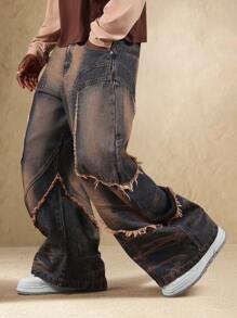 SUMWON 破洞阔腿 Y2K 牛仔裤，毛边缝线，适合节日、另类街头风，宽松牛仔裤，毛边拼接细节，纯色 - 藍色 - 查看 4