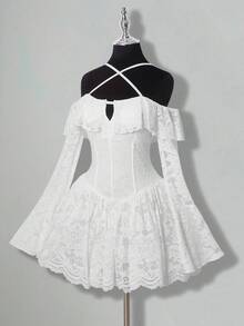 Sweetina 女式花朵蕾丝露肩拼接荷叶边喇叭袖优雅连衣裙秋季女装 - 白色 - 查看 8