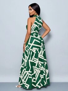 Vestido maxi con estampado integral, escote halter, fluido, con cinturón, para vacaciones (floral aleatorio) - Verde - Ver 2