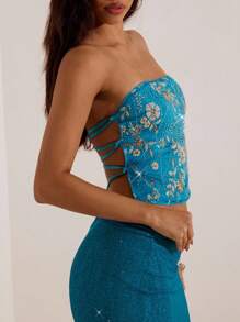 Opulessa Women's Sequin Decorated Floral Vintage Cropped Camisole Top - Purple - View 2