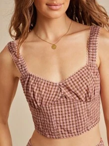 WESTFADE 棉质混纺格纹细肩带纽扣前开襟紧身胸衣短款上衣 返校吊带背心 可爱秋季乡村夏季海滩度假 - 棕色 - 查看 1