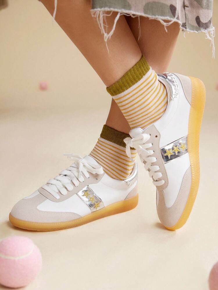 CUCCOO EASI Women's Lace-Up Colorblock Round Toe Casual Sneakers, Comfortable PU Leather Brown Casual Sports Shoes For Outdoor Daily Wear