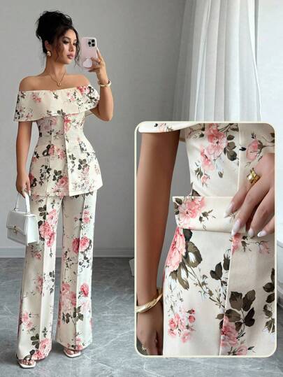 Elenzga 女式花卉露肩单排扣夹克和喇叭裤优雅套装