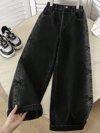 Fashionable Tween Girls Jeans With Cute Embroidered Bow Design, Suitable For Everyday Wear