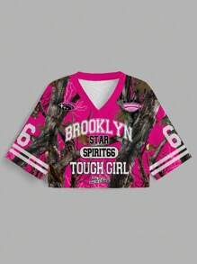 Slaydiva 大码女式休闲宽松 V 领 5/6 袖网眼 T 恤，带有极简主义数字 66、布鲁克林、粉色迷彩印花，适合夏季、运动、Y2K 和街头服饰 - 彩色 - 查看 3