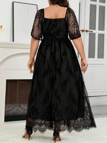 Reflora 大码优雅派对纯色蕾丝连衣裙 - 黑色 - 查看 7