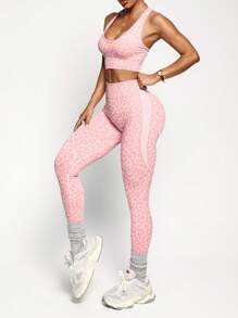 Slayform Slayform Pink Textured Sleeveless Yoga Set With Deep V Neck And Wrap Details Leopard Print Workout Set Two Piece Workout Set Matching Workout Set Gym Set - Pink - View 5