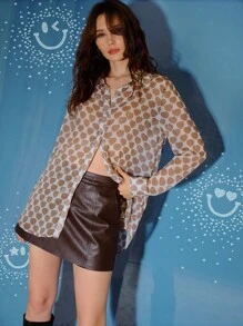 S.W.Smiley x MOTF PREMIUM 全身心印花透视衬衫 - 咖啡棕 - 查看 2