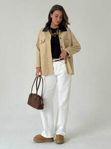 Aloruh Women's Casual Commuter Contrast Collar Regular Jacket In Fall/Winter - Khaki - View 5