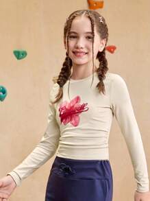 JNSQ Tee-shirt à manches longues imprimé pour fille pré-adolescente, style sport/casual pour l'automne/hiver. Top à manches longues chaud pour le layering. Tee-shirt à manches longues coloré et amusant, inspirant l'imagination des jeunes. Convient pour le port quotidien en automne/hiver, les activités extérieures, les vacances, le streetwear, les fêtes et les loisirs. - Kaki - Voir 4