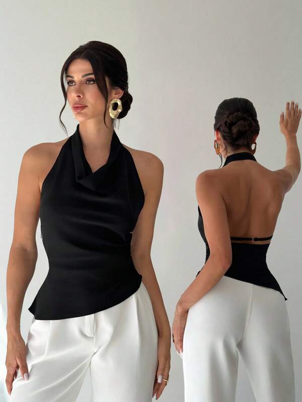 Firerie Damen Neue Elegante Pendler Bluse, asymmetrischer Kragen ärmelloses Neckholder Rückenfreies Bluse mit verstellbaren Knopfverzierungen, Tailliert Schwarze Büro Bluse, Damen Pendler Bluse, Frühling/Sommer Bekleidung, Pendler, Elegant, Sexy