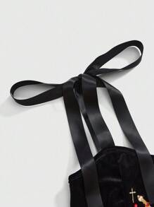 ROMWE Goth 大码女式哥特洛丽塔风格心形刺绣水钻水晶泪滴星形装饰方领系带吊带露脐上衣，情人节款 - 黑色 - 查看 3