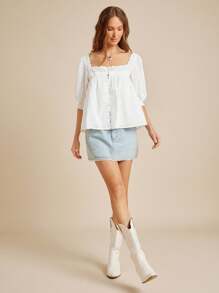 WESTFADE Áo Babydoll tay bồng cổ vuông cài nút phía trước, họa tiết hoa 100% cotton và lỗ xỏ dây thời trang mùa thu, trở lại trường, phong cách đồng quê cổ điển - trắng - Xem 5