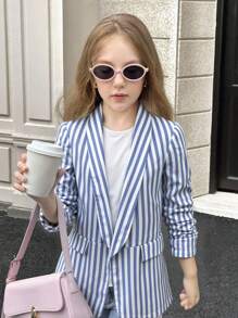 SHEIN 青少年女孩藍白條紋優雅休閒披肩領抽褶七分袖冬季外套，適合學校、返校季、秋冬春季穿著 - 白色 - 查看 10