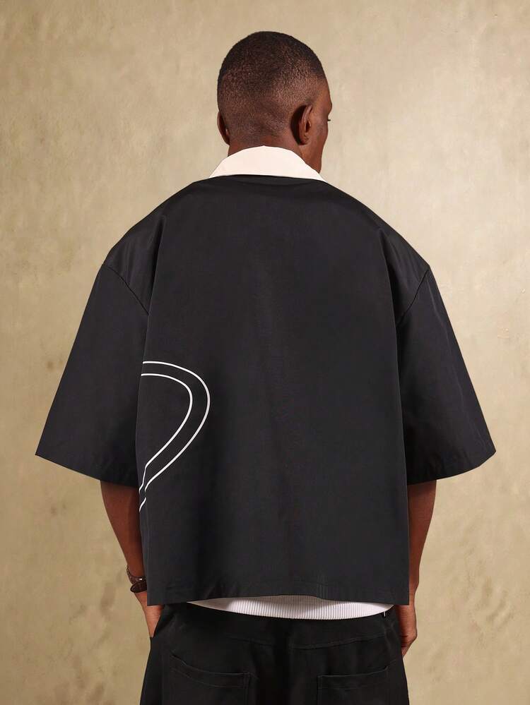 Boxy Fit Button Up Shirt With Contrast Collar And Line Print