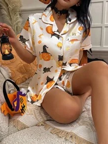 万圣节南瓜印花短袖短裤睡衣套装 - 白色 - 查看 3