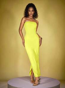 INAWLY 女士优雅纯色侧开衩连衣裙，无袖