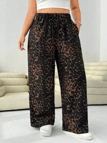SHEIN EZwear Plus Size Women Casual Loose Drawstring Wide Leg Pants Leopard Pants Lounge Pants - Multicolor - View 6