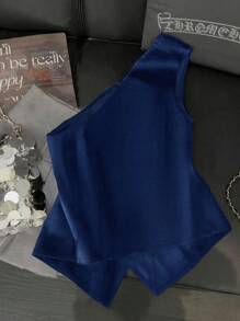 Franclia Fashionable & Elegant Versatile S-Shaped Sexy Shoulder Metal Buckle Decor Top, Spring/Summer - Royal Blue - View 2