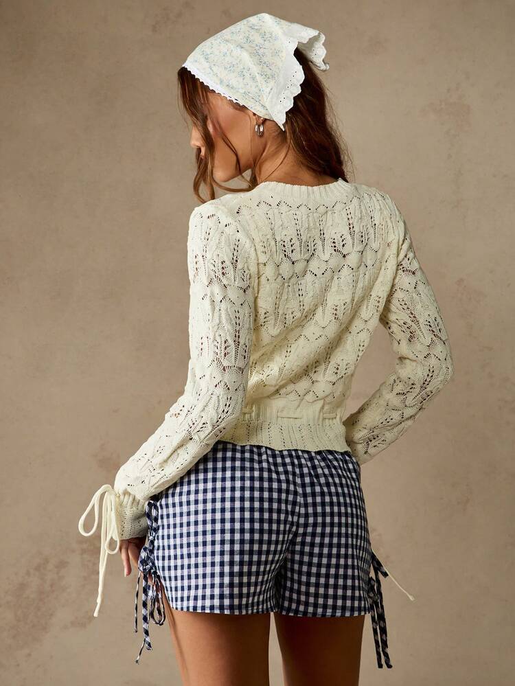MISSGUIDED Vintage Stil gestrickter Strickjacken-Pullover mit langen Ärmeln, Knopfleiste, Kordelzug, Spitzenmuster für Herbst, Winter, Feiertage, Lässig, Alltag, Preppy Cottage Core Ästhetik