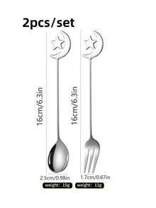 2 Pieces/Set Stainless Steel 304 Honey Dessert Spoon Stirring Spoon Coffee Spoon Stars And Moon Spoon Fork With Ceremonial Cutlery Spoon - Multicolor - View 9