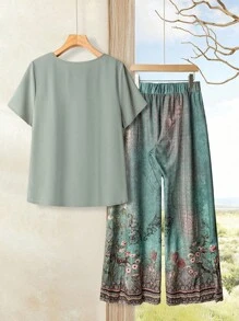 EMERY ROSE 2pcs Plus Size Set: Solid Color Round Neck Short Sleeve T-Shirt And Pants, Fashionable For Summer,Vacation Outfits Woman - Green - View 2