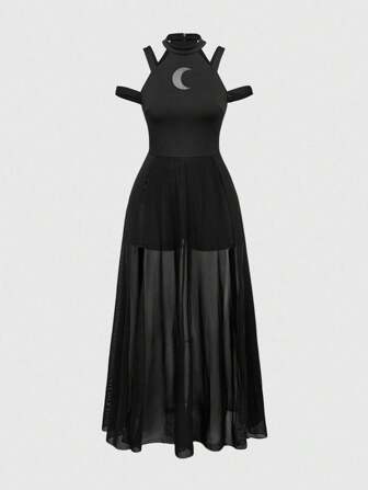 Goth 1 pieza Vestido de mujer talla grande con hombros descubiertos, diseño calado de media luna gótica y estilo patchwork oscuro
