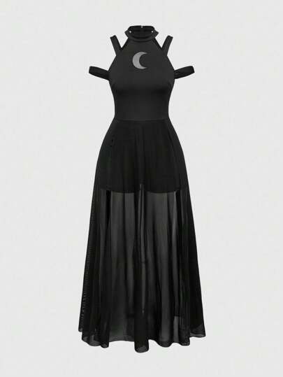 Goth Back To School 1pc Gothic Dark Moon Hollow Mesh Patchwork Off-Shoulder Plus Size Women Dress Moon Dress Black See Through Dress