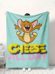 TOM & JERRY X SHEIN Cartoon Pattern Flannel Nap Blanket - 100% Polyester Plush Fleece Throw, Super Soft Multi-Use Blanket For Sofa Office Travel, Anti-Pilling Easy Care Blanket - Mauve Purple - View 2