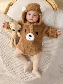 Cozy Pixies Newborn Baby Boy Cartoon Bear Ear Hooded Long Sleeve Bodysuit, Thick Thermal Lining - Brown - View 5